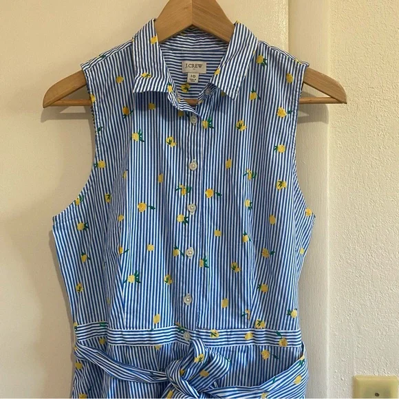 J.Crew Lemon Print Shirt Dress Blue Striped Sleeveless Belted Summer Size 10 - Picture 3 of 10